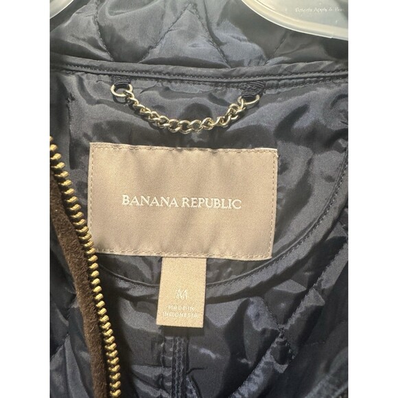 Banana Republic Quilted Vest Women’s Medium Navy Blue Brown Trim Zip Front - Picture 5 of 6